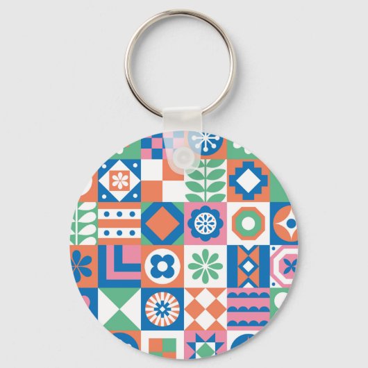 抽象芸術フローラスカンジナビアフォークパターン キーホルダー (正面)