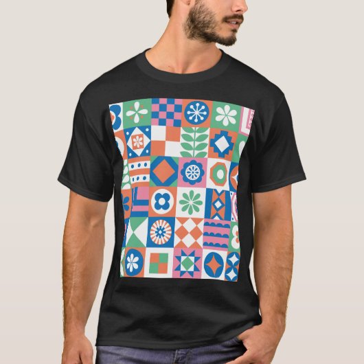 抽象芸術フローラスカンジナビアフォークパターン Tシャツ (正面)