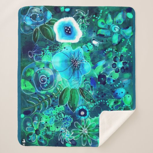 抽象芸術フローラティール(緑がかった色)ブルーグリーン花花 シェルパブランケット (正面)