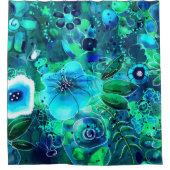 抽象芸術フローラティール（緑がかった色）ブルーグリーン花花 シャワーカーテン (正面)