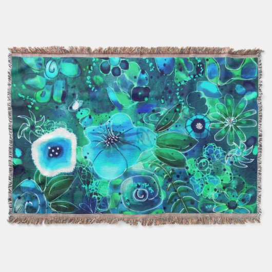 抽象芸術フローラティール(緑がかった色)ブルーグリーン花花 スローブランケット (正面)
