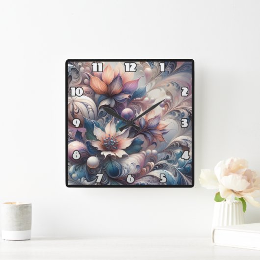 抽象芸術フローラデザインと真珠 スクエア壁時計 (ホーム)
