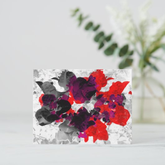 抽象芸術フローラデザイン – 白の上に赤と紫 ポストカード (スタンド正面)