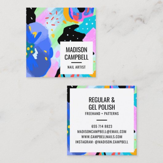 抽象芸術フローラネイルアーティストサロンブラシストロークアート スクエア名刺 (正面/裏面)