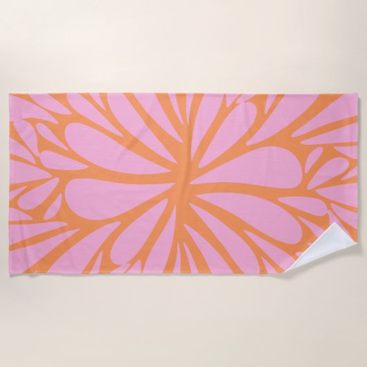 抽象芸術フローラバーストパターンパステルオレンジ&ピンク ビーチタオル (正面)