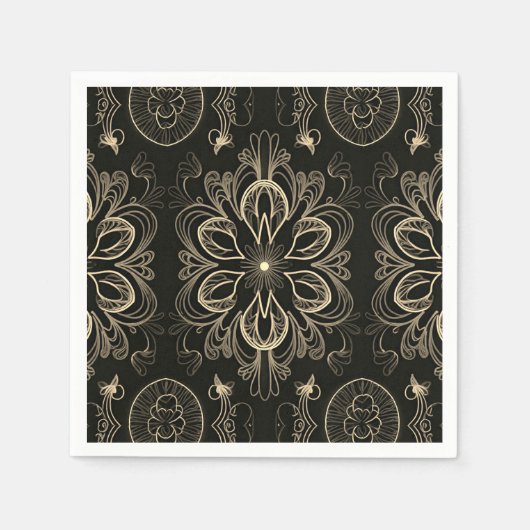 抽象芸術フローラブラックおよび金ゴールドパターン スタンダードカクテルナプキン (正面)