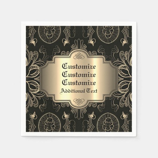 抽象芸術フローラブラックおよび金ゴールド スタンダードカクテルナプキン (正面)