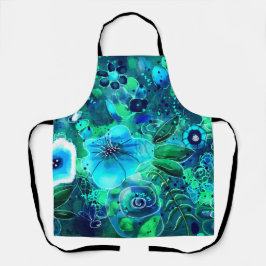 抽象芸術フローラブルーグリーン離れティール（緑がかった色）花 エプロン