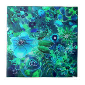 抽象芸術フローラブルーグリーン離れティール（緑がかった色）花 タイル (正面)