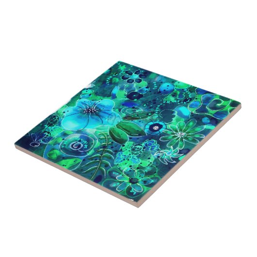 抽象芸術フローラブルーグリーン離れティール（緑がかった色）花 タイル (側面)