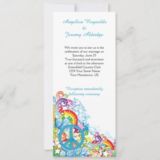 抽象芸術フローラブルーピースサインポ結婚スト 招待状 (正面)