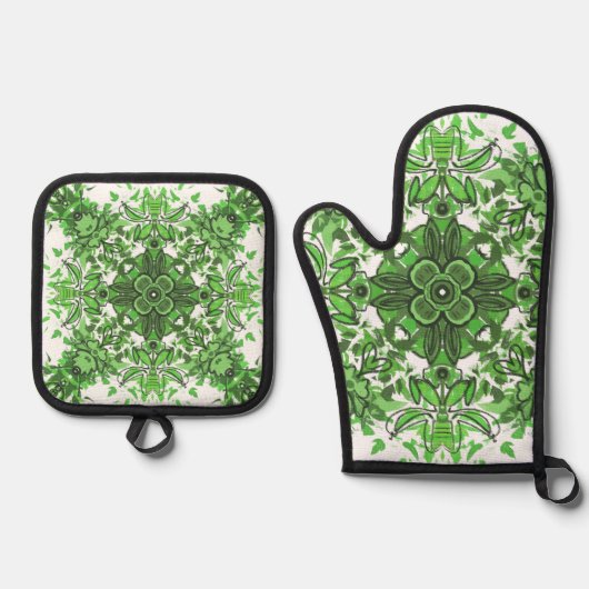 抽象芸術フローラル模様（白に黒緑） 鍋つかみ&鍋敷きセット (正面)