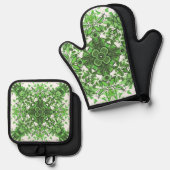 抽象芸術フローラル模様（白に黒緑） 鍋つかみ&鍋敷きセット (正面/裏面)
