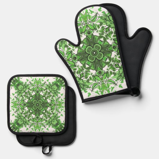抽象芸術フローラル模様（白に黒緑） 鍋つかみ&鍋敷きセット (正面/裏面)