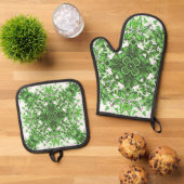 抽象芸術フローラル模様（白に黒緑） 鍋つかみ&鍋敷きセット (トップダウン)