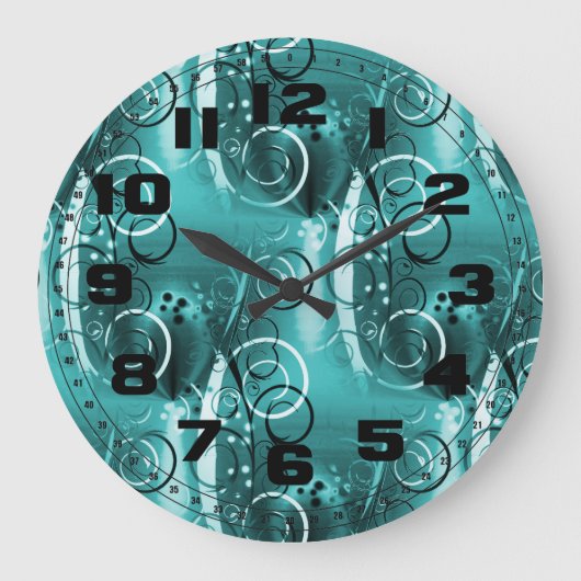 抽象芸術フローラ旋回つる植物アクアブルーガーリーギフト ラージ壁時計 (正面)