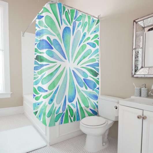 抽象芸術フローラ水色バーストアクアとブルー シャワーカーテン (インサイチュ)