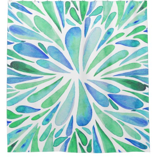 抽象芸術フローラ水色バーストアクアとブルー シャワーカーテン (正面)
