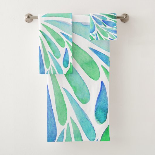 抽象芸術フローラ水色バーストアクアとブルー バスタオルセット (インサイチュ)