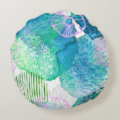 抽象芸術フローラ水色フローラ青白ピンク ラウンドクッション (裏面)