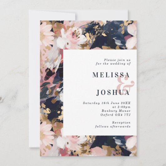 抽象芸術フローラ赤面&ネイビー結婚式招待状 招待状 (正面)