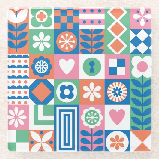 抽象芸術フローラ：北欧フォークデザイン。 ガラスコースター (正面)