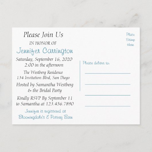 抽象芸術ブライダルシャワーブルー&ホワイト招待状 インビテーションポストカード (裏面)