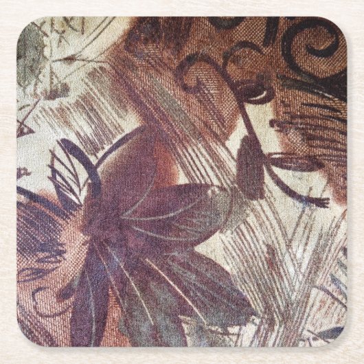 抽象芸術ブラウンフローラデザイン1 スクエアペーパーコースター (正面)