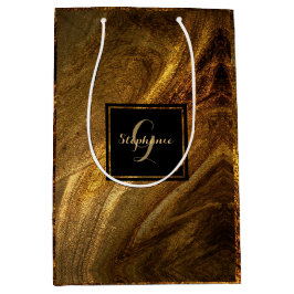 抽象芸術ブラウンラグジュアリー金ゴールドグリッターシモダンック ミディアムペーパーバッグ