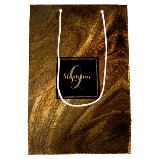 抽象芸術ブラウンラグジュアリー金ゴールドグリッターシモダンック ミディアムペーパーバッグ (裏面)