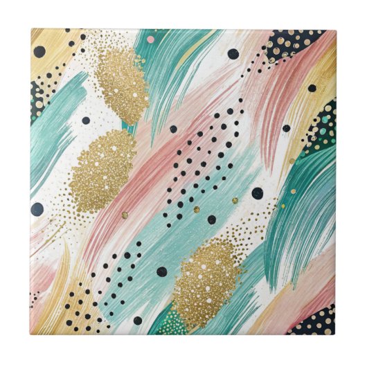 抽象芸術ブラシストロークとドットパターン – 金ゴールドアクセント2 タイル (正面)