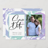 抽象芸術ブラシストロークティール（緑がかった色）薄紫日付の保存 招待状 (正面/裏面)