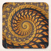 抽象芸術ブラックおよび金ゴールドスパイラルフラクタル スクエアペーパーコースター (正面)