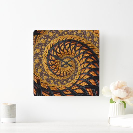 抽象芸術ブラックおよび金ゴールドスパイラルフラクタル スクエア壁時計 (ホーム)