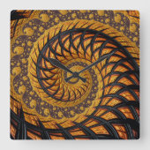 抽象芸術ブラックおよび金ゴールドスパイラルフラクタル スクエア壁時計 (正面)