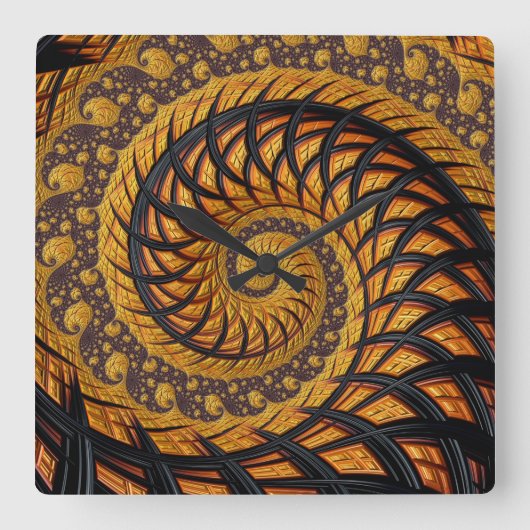 抽象芸術ブラックおよび金ゴールドスパイラルフラクタル スクエア壁時計 (正面)