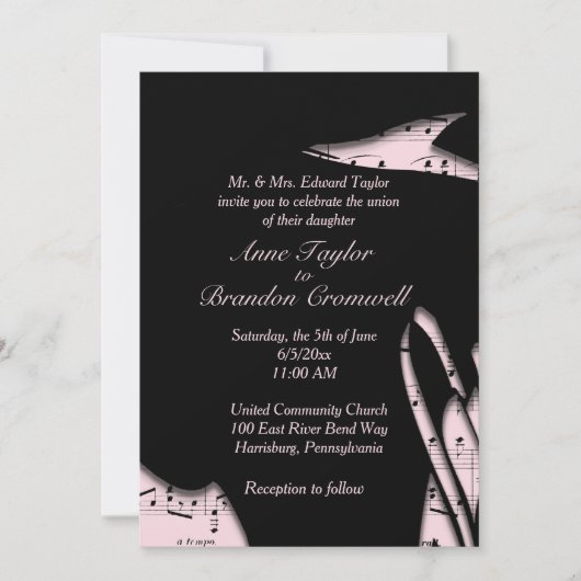 抽象芸術ブラックとピンクの音楽結婚式招待状 招待状 (正面)