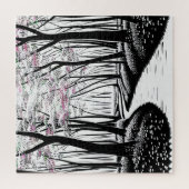 抽象芸術ブラックのシルエットの木(紫葉付き) ジグソーパズル (縦)