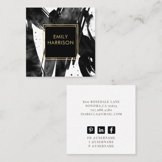 抽象芸術ブラックのブラシストローク縁ど金ゴールド スクエア名刺 (正面/裏面)
