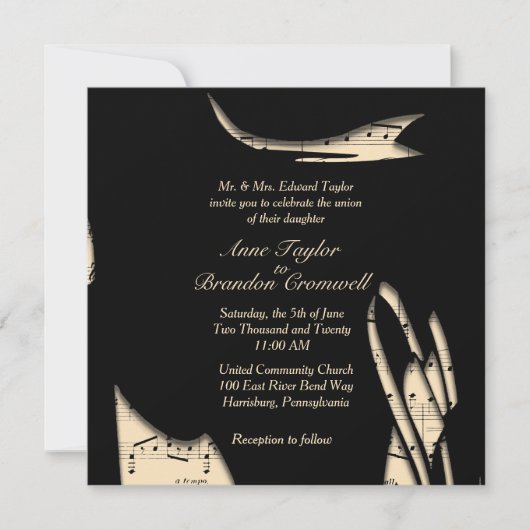 抽象芸術ブラックアンドピーチミュージック結婚式招待状 招待状 (正面)