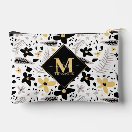 抽象芸術ブラックイエローグレーシームレス花柄 アクセサリーポーチ (裏面)