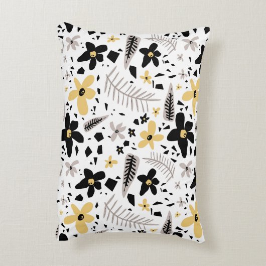 抽象芸術ブラックイエローグレーシームレス花柄 アクセントクッション (裏面(縦))