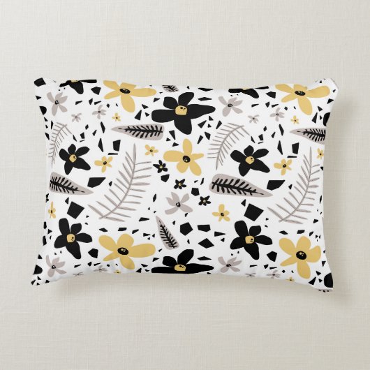抽象芸術ブラックイエローグレーシームレス花柄 アクセントクッション (裏面)