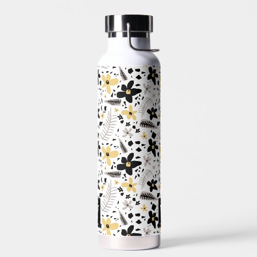 抽象芸術ブラックイエローグレーシームレス花柄 ウォーターボトル (左面)