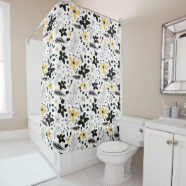 抽象芸術ブラックイエローグレーシームレス花柄 シャワーカーテン