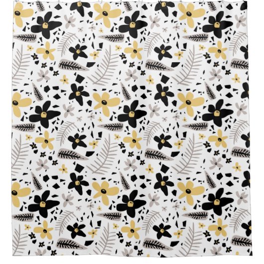 抽象芸術ブラックイエローグレーシームレス花柄 シャワーカーテン (正面)