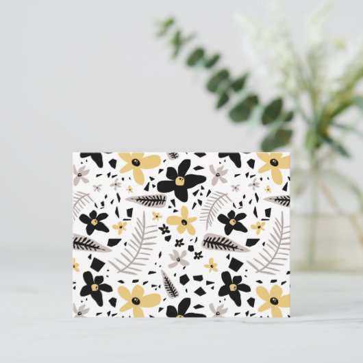 抽象芸術ブラックイエローグレーシームレス花柄 シーズンポストカード (スタンド正面)