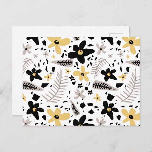 抽象芸術ブラックイエローグレーシームレス花柄 シーズンポストカード (正面/裏面)