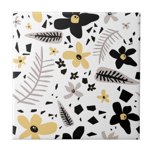 抽象芸術ブラックイエローグレーシームレス花柄 タイル (正面)
