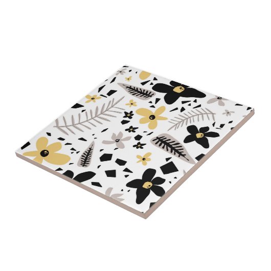 抽象芸術ブラックイエローグレーシームレス花柄 タイル (側面)